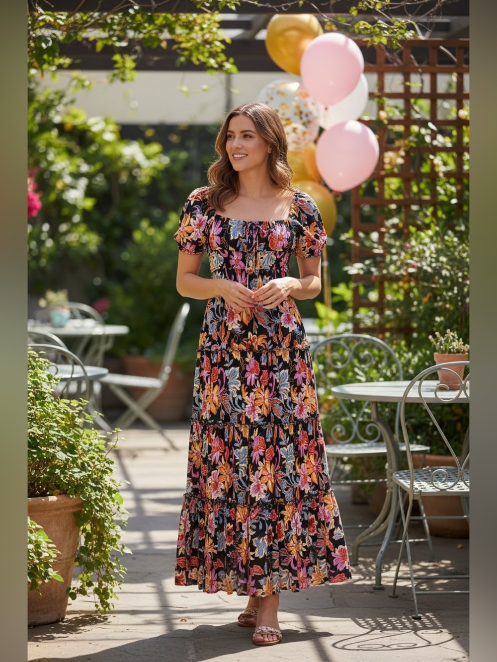 NWT Chelsea & Violet Black Floral Smocked Tiered Maxi Dress Puff Sleeve Boho XS